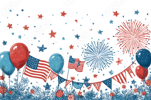 doodle illustration of 4th of july celebration, firework, USA flag, balloon, stars, red white blue theme. US holiday banner patriotic concept 