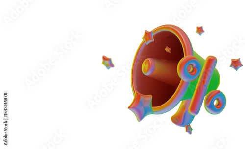 3D megaphone with percent symbol and stars, concept of discount or sale promotion.