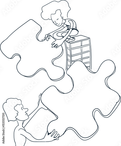 An image of two characters or men trying to put together puzzle pieces.