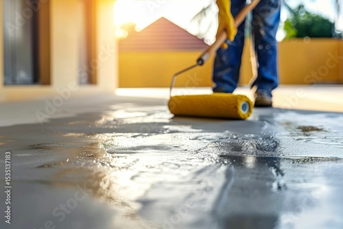 Applying Sealer to Concrete Surface: Man in Yellow Gloves Uses Roller in Bright Sunlight for Home Improvement