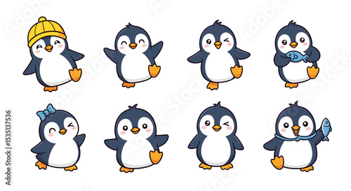 Cute cartoon penguins various poses