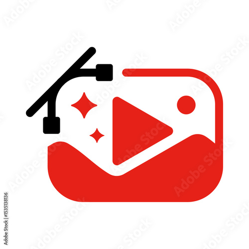 Dynamic video editing application icon with bezier curve and play button vector