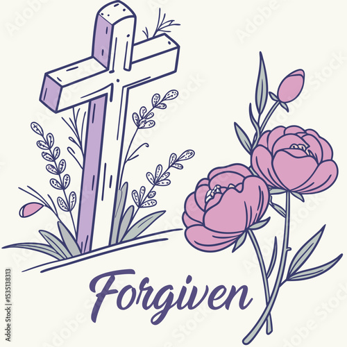 Christian Cross and Beautiful Flowers with The Word Forgiven