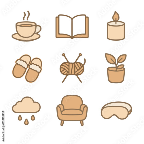 Cozy icons for relaxation: cup, book, candle, slippers, knitting