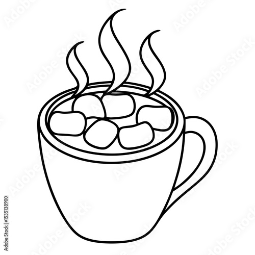 Hot drink with marshmallows in mug line art. Cozy hot cocoa with melting marshmallows perfect for winter holidays. This steaming beverage illustration is ideal for seasonal menus, cafe advertisements.