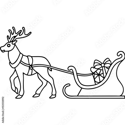 Reindeer sleigh line art illustration. Christmas reindeer pulling sleigh with gift. Festive reindeer and sleigh design perfect for holiday cards and winter themed projects.