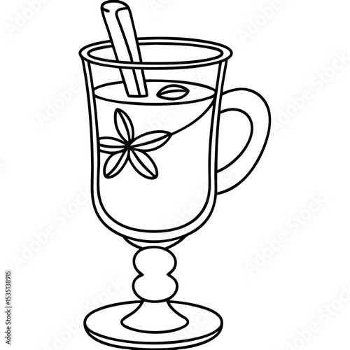Warm mulled wine in glass mug with cinnamon stick and anise star. Festive hot drink illustration perfect for winter holidays.