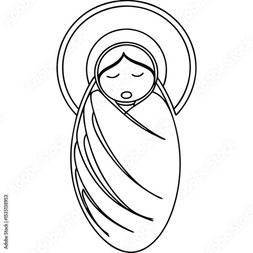 Infant Jesus line art drawing. Baby Jesus illustration shows newborn swaddled in cloth. Simple line art of baby Jesus perfect for nativity scenes, Christmas cards, and religious publications.
