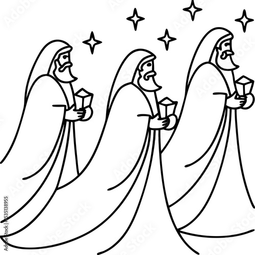 Three wise men line art illustration.  Biblical figures carrying gifts, following star.  Simple line drawing of wise men for nativity scene, Christmas card, or religious artwork.