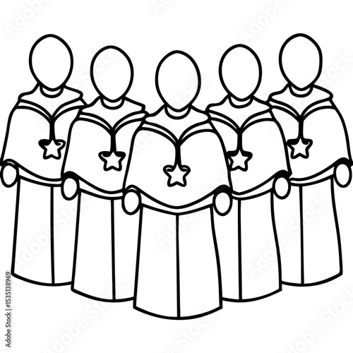 Christmas choir line art illustration. Simple graphic design of five singers in robes with stars. Perfect Christmas choir image for holiday cards, church bulletins, or concert programs.