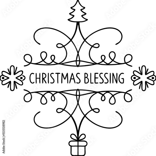 Christmas blessing line art design. Elegant Christmas blessing frame with tree and gift.  Christmas blessing graphic perfect for holiday cards and invitations.