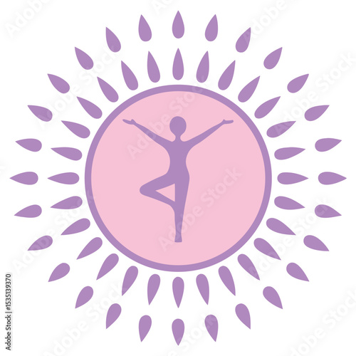 Lavender Purple Yoga Silhouette Woman Tree Pose Pink Circle Teardrop Sunburst Design