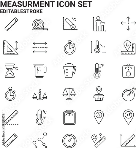 Measurement and Precision Icon Set in Line Style for Tools Temperature Weight Distance and Scale Concepts