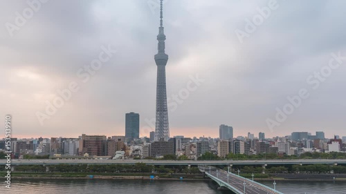 Wallpaper Mural Aerial view time lapse 4k Video of Tokyo sky tree and Tokyo city from night to day sunrise at Tokyo, Japan. Panning Torontodigital.ca