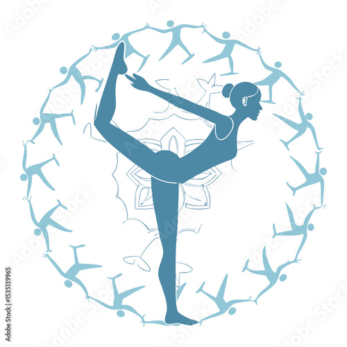 Woman Performing Natarajasana Yoga Pose Surrounded by Light Blue Abstract People Holding Hands