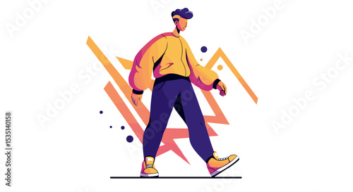 Young man walking in stylish outfit with colorful graphic background  