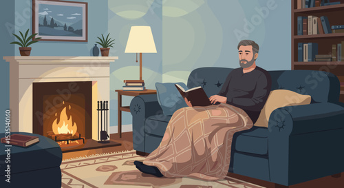 Older man reading a book while sitting on a couch by the fireplace  