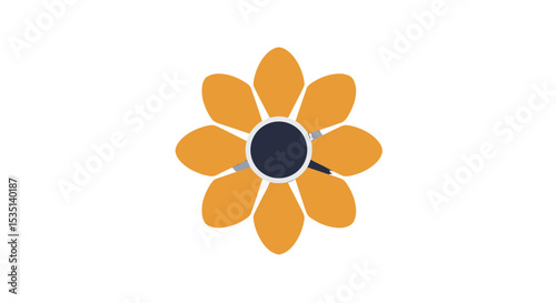 Simple floral icon with orange petals and dark center  