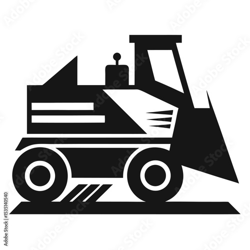 Black and white illustration of a compact and stylized skid steer loader vehicle