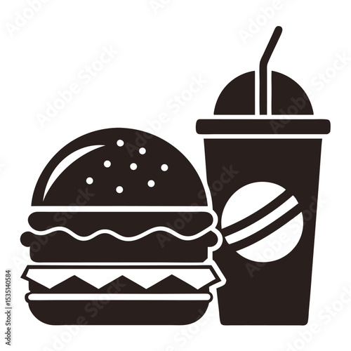 Black and white illustration of a hamburger and a soda cup with a straw for fast food concepts.