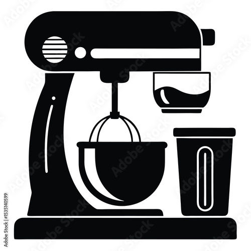 Black and white illustration of a kitchen stand mixer with ingredients and bowl for baking
