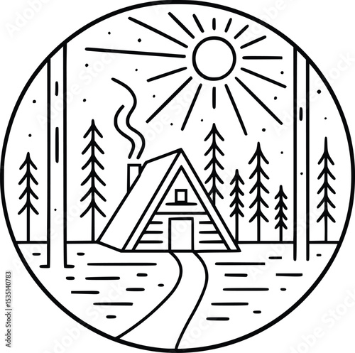 Modern forest cabin line art illustration in black and white featuring an A-frame house in pine trees with circular border design perfect for wall art posters t-shirts branding and digital products
