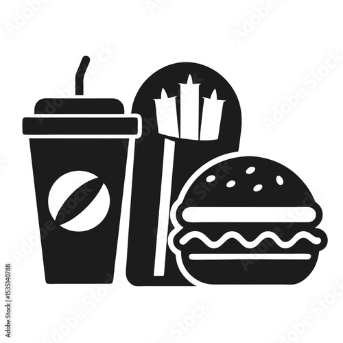 Black and white illustration of classic fast food combo meal with beverage and fries