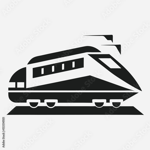 Black and white modern illustration depicting a high speed passenger train on railway track