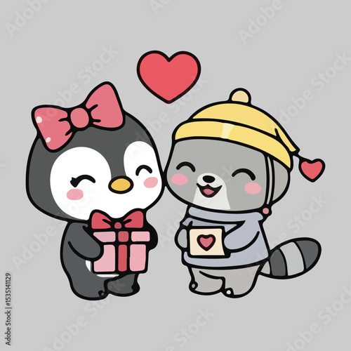 Cute Penguin and Raccoon Valentine's Day Illustration
