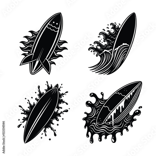 A surfboard silhouette side view white background
