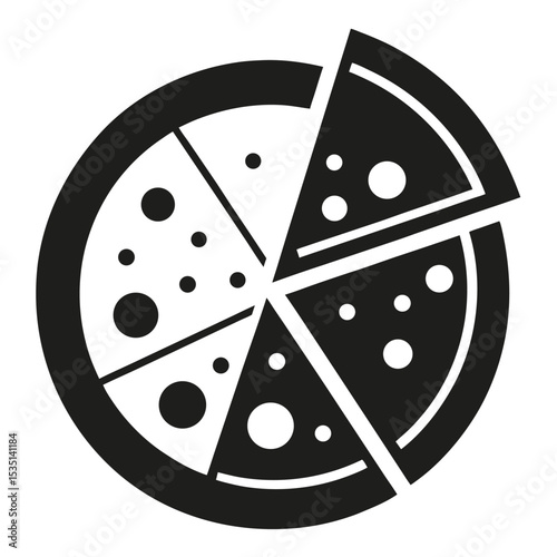 Black and white pizza illustration depicting a delicious meal with tasty toppings and slices
