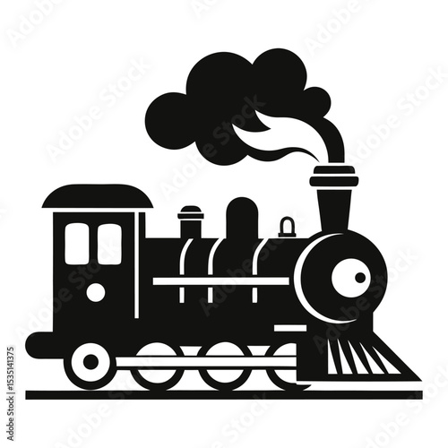 Black and white silhouette illustration of a classic steam locomotive engine transport