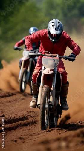 Motorcycle riders navigate dirt trails in a thrilling off-road challenge in an outdoor setting