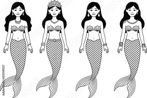 Set of four black and white outline mermaid characters with various accessories