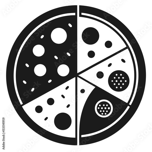 Black and white vector illustration of a delicious pizza with multiple toppings