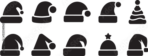 Collection of santa hats and winter caps icons