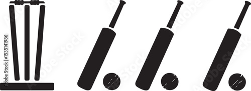Cricket bats wickets and ball silhouette icons