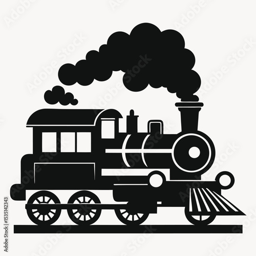 Classic black and white silhouette illustration of a traditional steam train engine