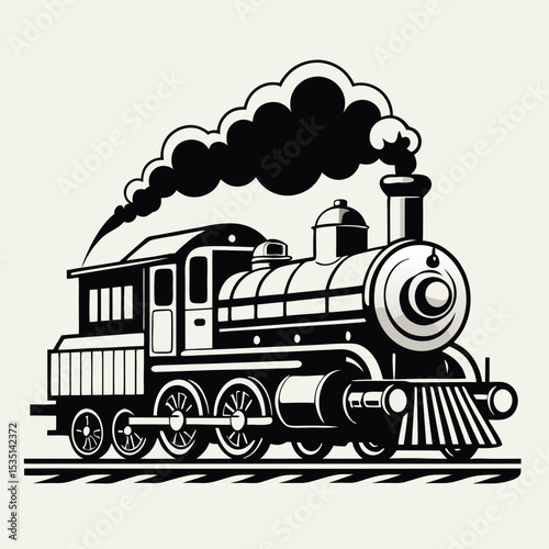 Classic black and white steam locomotive illustration depicting vintage railroad transportation