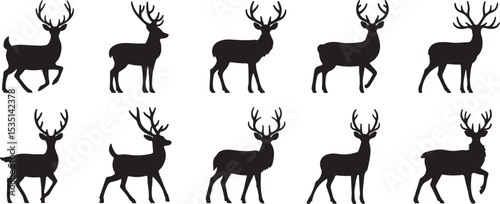 Ten black silhouettes of deer with antlers