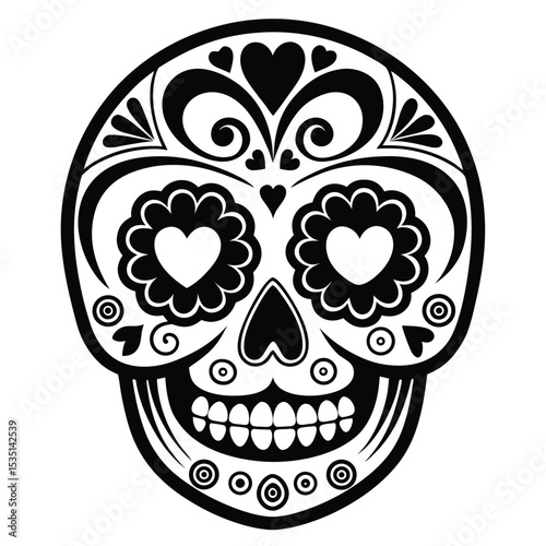 Decorative black and white sugar skull vector illustration for day of the dead celebrations