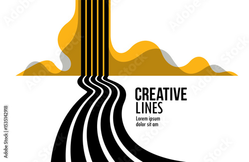 Linear composition vector road to horizon, abstract background with lines in 3D perspective, optical illusion op art, black and yellow colors.