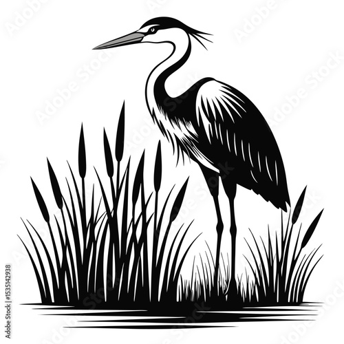 Elegant black and white illustration of a great blue heron standing in marsh grass