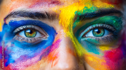 Vibrant Face Paint with Rainbow Colors Highlighting Expressive Eyes