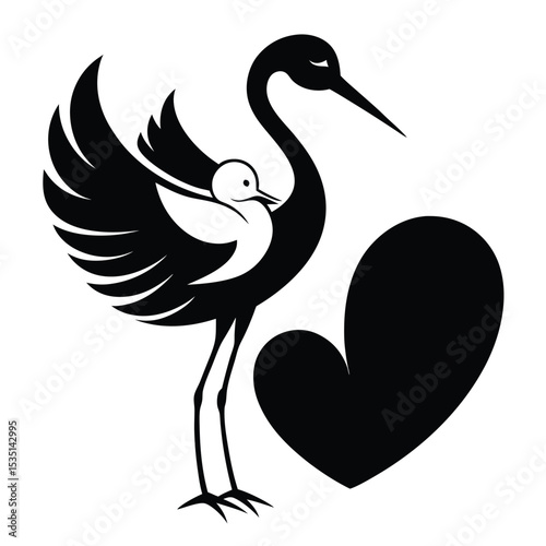 Elegant black and white illustration of a stork carrying a baby bird with a heart