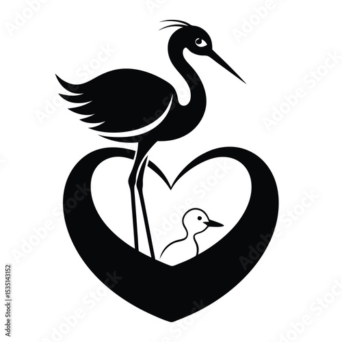 Elegant black and white silhouette of a mother stork and baby bird within a heart
