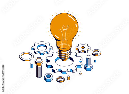 Engineering idea concept, innovation, invention and solution concept, light bulb vector 3D isometric illustration, mechanical engine works.
