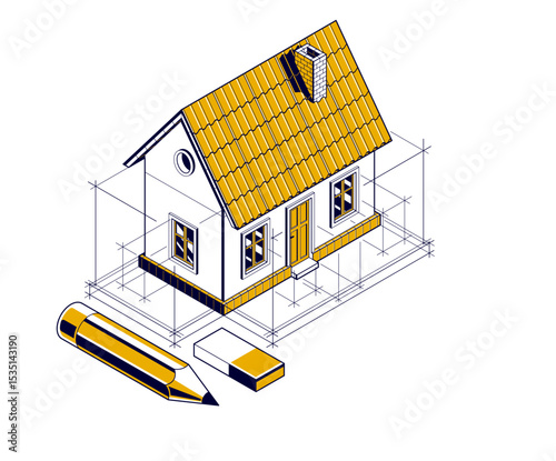 Cottage house for rest project concept, 3D isometric vector illustration of a small house building project, countryside small house cabin in village or nature.