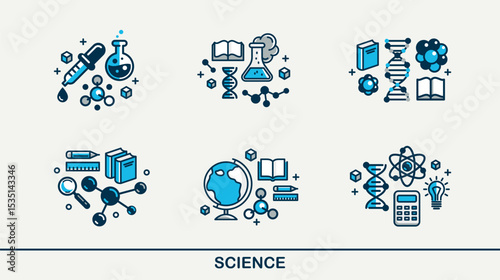 Science vector detailed icons set, physics and chemistry bundle, mathematics and geography study education.
