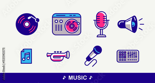 Music and sound producing vector detailed icons set, recording studio mix audio, audio engineering bundle.